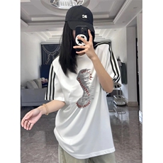 抖音得物高品质二开240克宽松纯棉美式潮牌三条杠织带短袖T恤，男装T恤，电商A486-1
