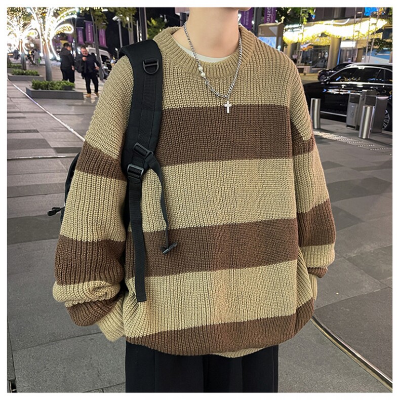 秋款男圆领套头毛衣条纹拼色宽松针织衫休闲外套M6007P45,男装针织衫/毛衣,星座1013-1