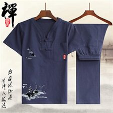 2021新款男士T恤V领中国风棉麻印花大码休闲套装QT2026-M026，男装T恤，星座1512