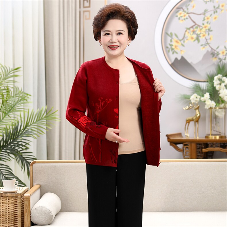 秋冬新款中老年女装提花上衣圆领舒适保暖妈妈装外套，女装中老年女装，思涛羊绒