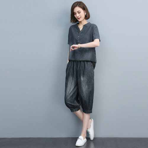 2021夏季时尚简约大方气质优雅牛仔宽松两件套,女装套装/套裙,悦见她