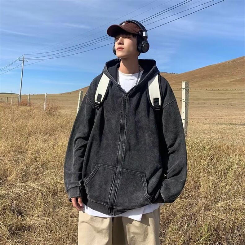 水洗做旧开衫卫衣男潮牌痞帅连帽上衣春秋季宽松拉链外套A35/P62,女装短外套,星座506