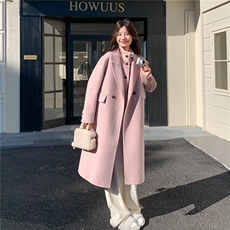 粉色羊绒大衣马甲两件套女中长款秋季新款韩系高级感气质毛呢外套，女装毛呢外套，2C030