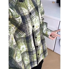 绿色泼墨扎染格子衬衫重磅设计长袖衬衣上衣美式复古情侣休闲外套，男装衬衫，星座506A
