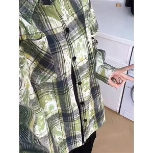 绿色泼墨扎染格子衬衫重磅设计长袖衬衣上衣美式复古情侣休闲外套图片