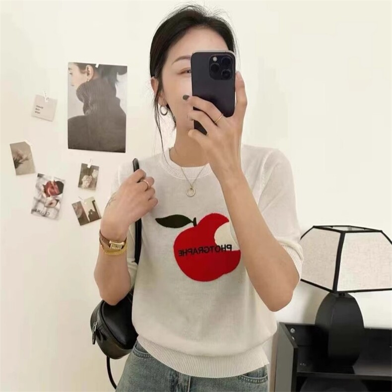 夏季新款女士时尚百搭显瘦精纺苹果圆领短袖图片