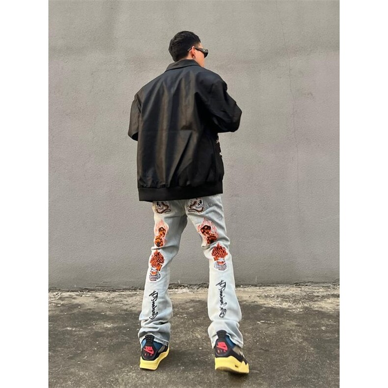 美式街头水洗刺绣牛仔裤男潮牌直筒微喇长裤NG943-P48,男装牛仔裤,星座208-5