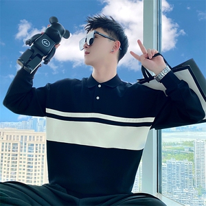 AW16/P68控98秋季社会小伙百搭条纹撞色polo领长袖卫衣男黑首,小个子穿搭秋装黑袜图片