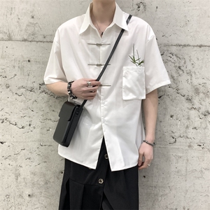 夏装2024风新中式复古油画翠竹刺绣男女小众休闲短袖衬衫大码图片