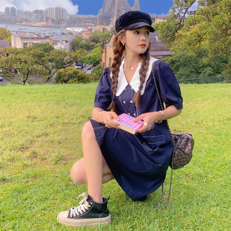 设计感花瓣领泡泡袖西装裙女夏季新款2024宽松显瘦中长款衬衫裙女,商品下架区,帛香坊