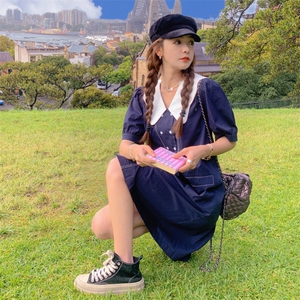 设计感花瓣领泡泡袖西装裙女夏季新款2024宽松显瘦中长款衬衫裙女图片