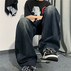 复古牛仔裤男款宽松做旧oversize裤子美式休闲垂感阔腿拖地裤潮，男装牛仔裤，星座716-4