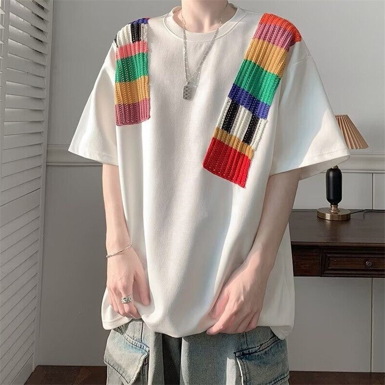 C537P45彩虹毛织撞色刺绣短袖T恤男女宽松休半袖纯棉上，男装T恤，星座512-6