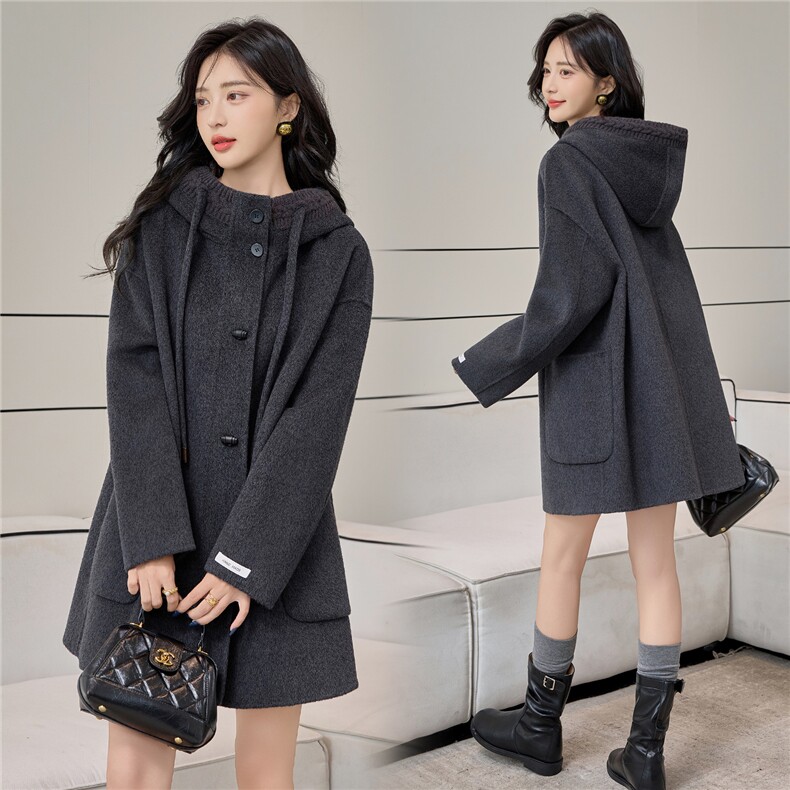 麻花连帽立领防风毛呢外套25秋冬新通勤百搭双面羊绒大衣女长款，女装双面呢大衣，小荷流