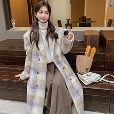 格纹大衣内胆羽绒服2024冬女甜美长款小个子加厚韩系西装毛呢外套，女装羽绒服，2C085