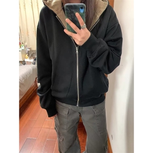 复古美式高街外套男女情侣秋冬款宽松慵懒风千鸟格夹克棒球服上衣图片