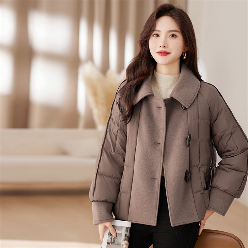 时尚毛呢拼接羽绒服女2023新款冬季宽松保暖白鸭绒短外套冬装,女装羽绒服,衣之秀