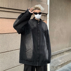 美式日系复古水洗做旧牛仔外套男女冬潮流小众高级感宽松立领夹克图片