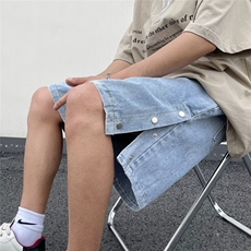 排扣开衩潮流牛仔短裤男夏季美式高街做旧复古五分裤潮牌大码裤子，男装牛仔裤，星座516A