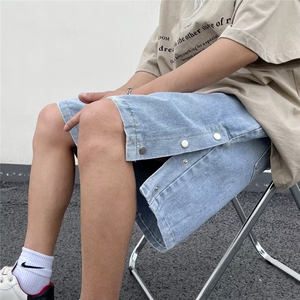 排扣开衩潮流牛仔短裤男夏季美式高街做旧复古五分裤潮牌大码裤子图片