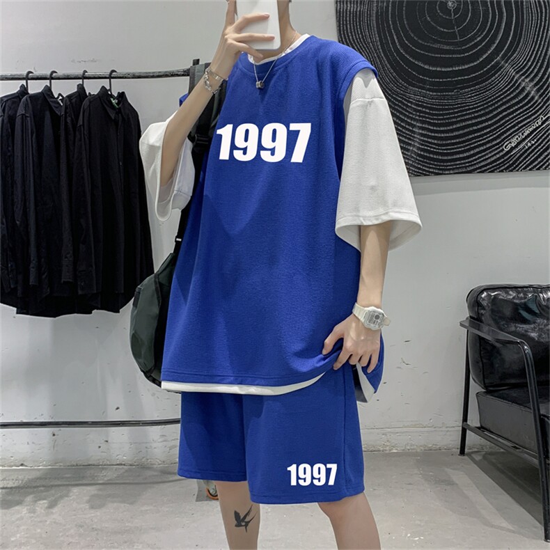 华夫格套装潮流休闲短袖短裤两件套FTZ3077-P55控78，男装休闲套装，电商B370