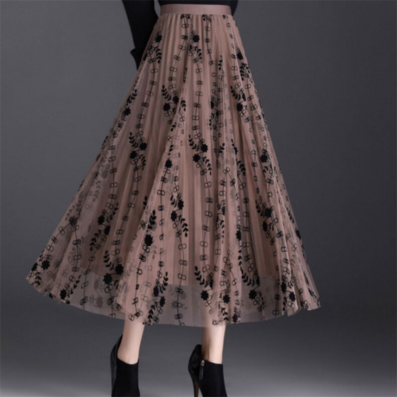 植绒碎花网纱半身裙女春夏新款韩版高腰大摆印花裙子中长款A字裙，女装半身裙，灵动羽绒服工厂
