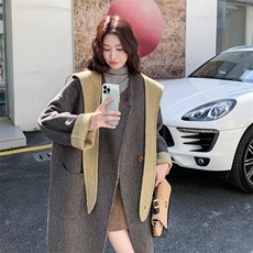 灰色娃娃领撞色连帽双面呢羊毛大衣女2025新款高级设计感加厚外套，女装羊绒大衣，2C056