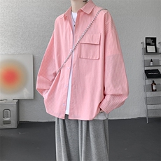 衬衫男秋季新款港风宽松大码立体口袋纯棉条纹长袖衬衣CS3099-P42，男装衬衫，星座214-3