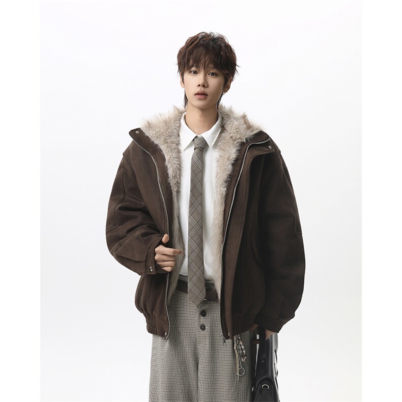 座山雕加绒加棉鹿皮绒夹克外套渐变色毛领棉衣外套-26635-P138，男装夹克，电商B289
