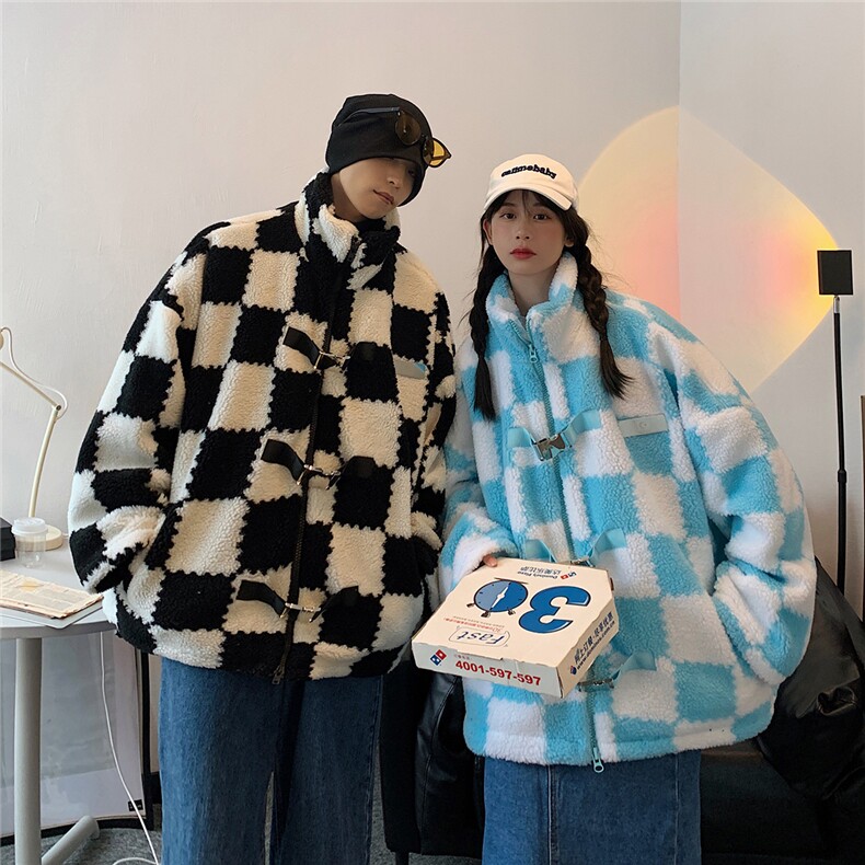 冬季港风情侣羊羔毛棉衣男棉服男棋盘格宽松外套男MY7535P135，男装棉衣，星座226-2