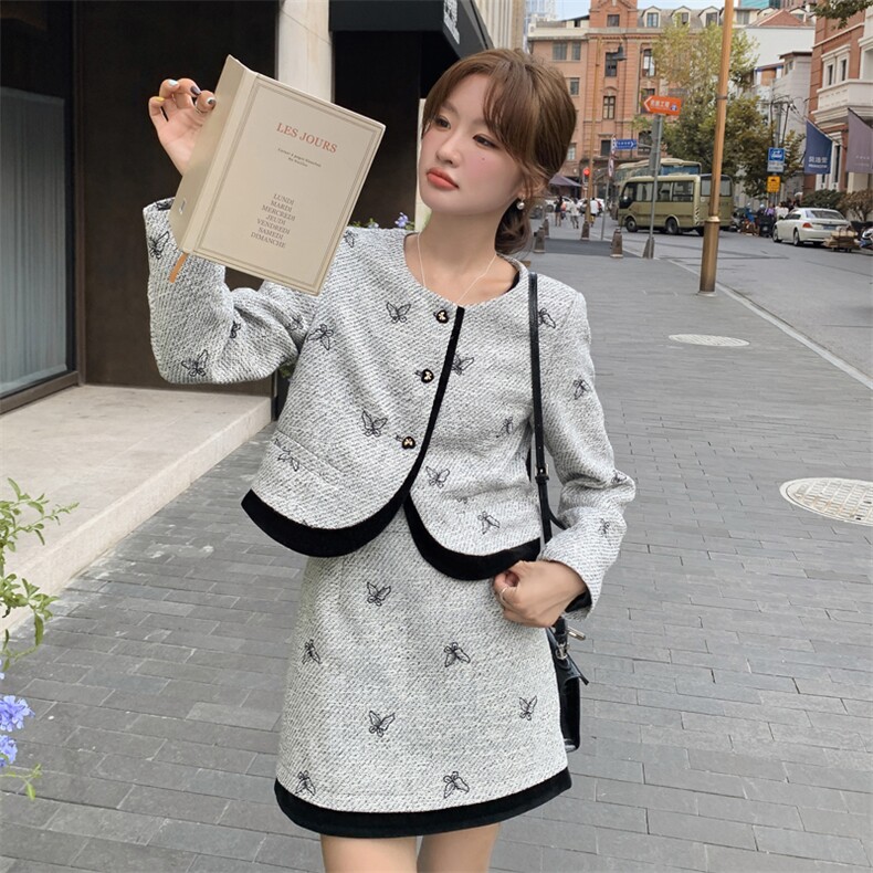 现货！刺绣小香风时尚套装女2024秋季新款女装两件套半身裙套裙子,女装套装/套裙,慧尚依恋