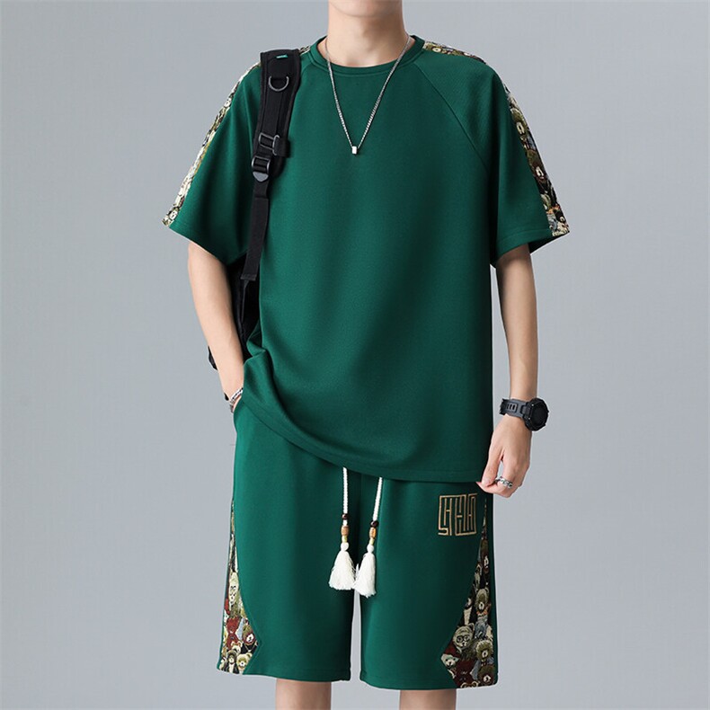 刺绣休闲运动套装短裤夏季T恤套装拼接两件套潮A266-TZ9958-P50,男装牛仔裤,电商A266