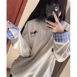 美式学院风polo领卡通卫衣女秋冬新款衬衫拼接假两件外套 WY02图片