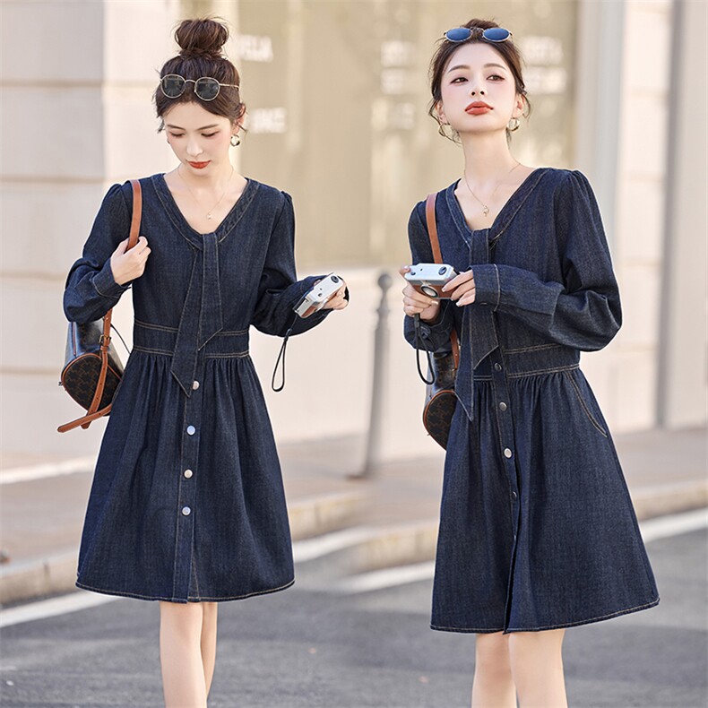 2025年新款优雅牛仔连衣裙女中长款春秋长袖高级感气质飘带连衣裙，女装连衣裙，流量+