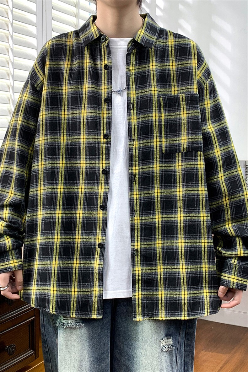 秋季小香风衬衫翻领男大皂大码宽松痞帅外套格子衬衣A012/857P32,男装衬衫,电商A012