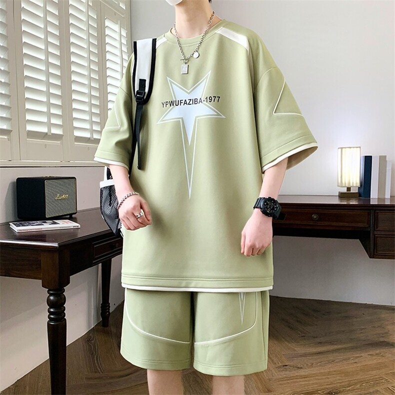 84305-P55青少年冰丝短袖T恤休闲运动服短裤套装男帅气学生夏装,男装T恤,电商D310B