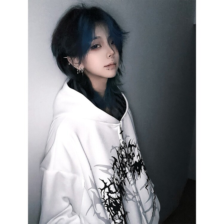 亚文化穿搭y2k白色印花卫衣外套女秋季薄款宽松上衣美式显瘦长袖图片