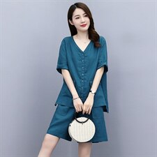 2021夏季新款简约时尚优雅气质V领休闲舒适短裤两件套，女装套装/套裙，多彩