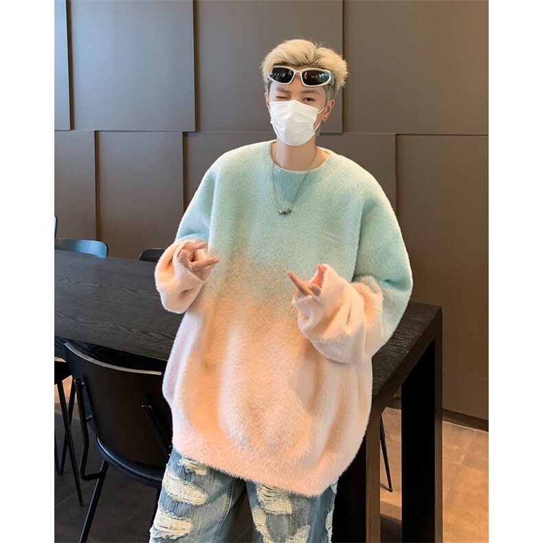秋冬新款粉色渐变套头毛衣女慵懒风设计感小众水貂毛宽松针织上衣,男装针织衫/毛衣,星座1210-1