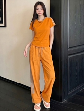 女夏季新款时尚休闲运动套装圆领短袖上衣竖纹拼接阔腿长裤两件套，女装套装/套裙，江南