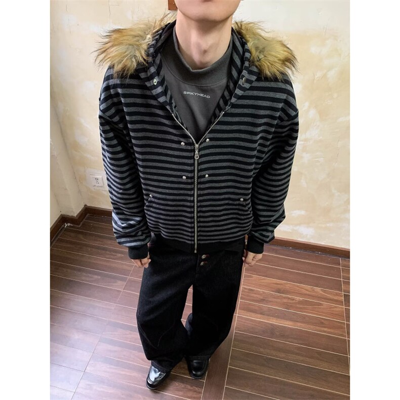 新款休闲宽松条纹长袖夹克宽松黑灰美式春夏季款insJL07,男装夹克,星座1116A（原606A-3）