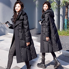 【现货】90%白鸭绒羽绒服女冬季新款中长款过膝加厚保暖连帽外套，女装羽绒服，鑫源服饰