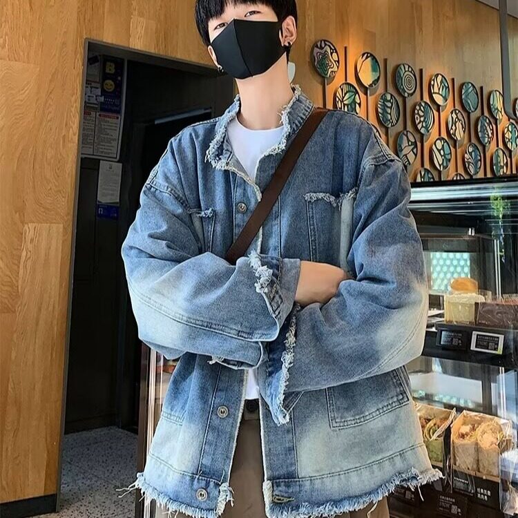 复古设计感毛边牛仔短款外套男秋冬潮牌宽松百搭牛仔夹克6200P63，男装夹克，星座410-2