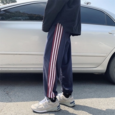A118-P35加绒-P45三条杠条纹加厚加绒运动裤男大码束脚休闲裤，男装休闲裤，电商A040