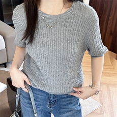 纯棉夏季新款圆领麻花短袖女时尚百搭上衣显瘦针织打底衫，女装针织衫/毛衣，洁纯羊绒