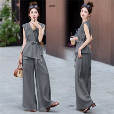 2025夏新款修身系带上衣+休闲阔腿裤，女装套装/套裙，瑶迪依秀