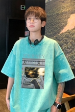 ！2025夏季新款男士水洗短袖T恤纯棉情侣潮牌半袖XT176P35，男装T恤，电商B220