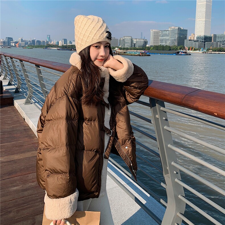 羊羔毛领美拉德短款羽绒服女冬季2025新款小个子高级流行设计小众,女装羽绒服,艾米莉亚