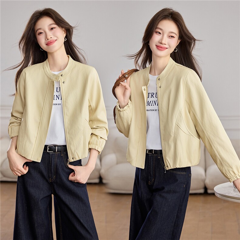 今年流行高级感淡黄色皮衣外套女早春新款小个子短款机车夹克上衣，女装皮衣，潮流依族