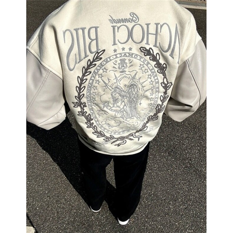 复古杏色皮袖拼接万针刺绣图案棒球服秋冬夹克男小众外套JM408,男装夹克,星座1116A（原606A-3）